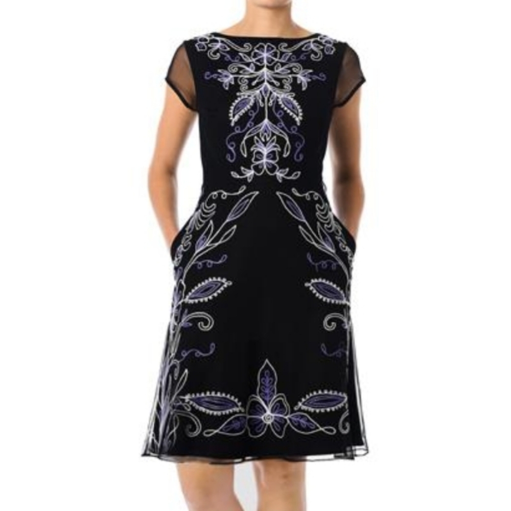 Eshakti Filigree Embroidery Embelished Tulle Overlay Poplin Dress Size 8 Pockets - Picture 15 of 15
